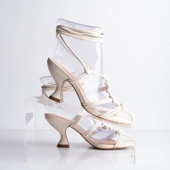 Anthropologie Womens Cream Caged Sandals Heels Lace tie Sz 5 EU 35 Leather New - Picture 7 of 10